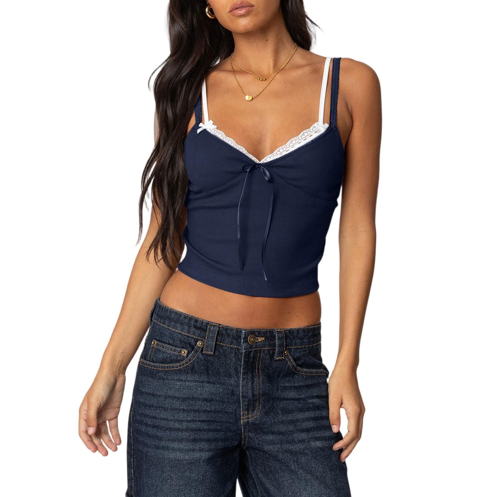 Women s Fashion Casual Summer Sexy Color Lace Stitching Low Cut Camisole Top XL