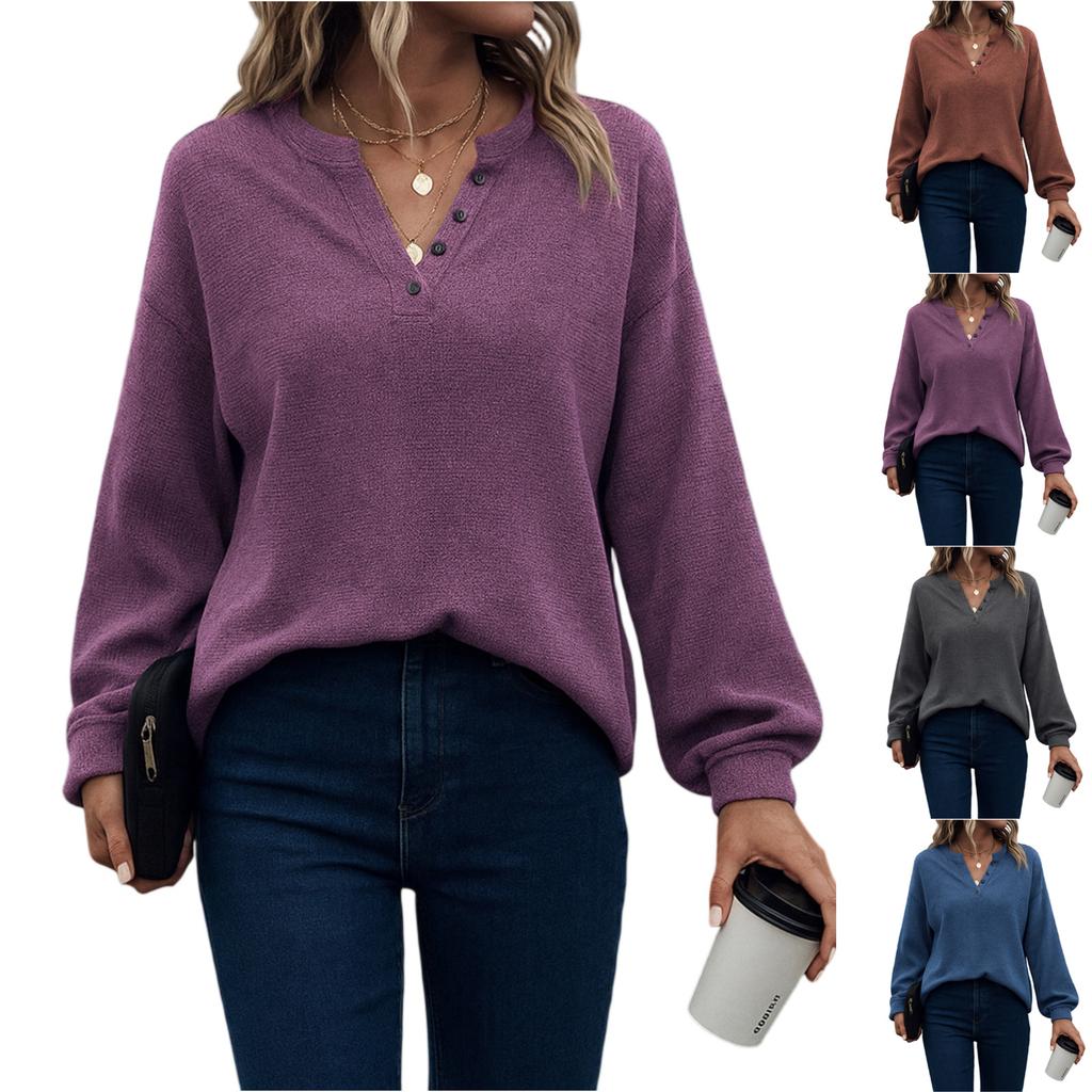 Women's Fashionable Solid Color Long Sleeved V-neck Button Casual Loose Pullover Top