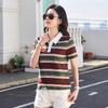 Women‘s Polo Collar Short Sleeve Slim Fit T-Shirt Striped Knit Cotton Summer Top