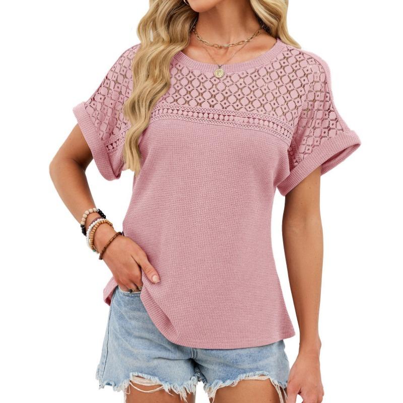 New Hollow Out Lace Patchwork Sweet Blouse Women Casual Simple Summer New Round Neck Shirts Ladies Loose Short Sleeved T-shirt Top for Women Clothing