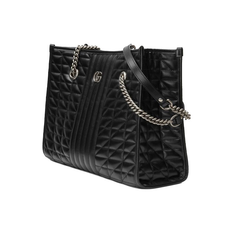 Gucci GG Marmont Silver Logo Vertical Stripe Quilted Large Capacity Versatile Chain Leather Tote Shopping Crossbody Shoulder Bag 675796-UM8BN-1000