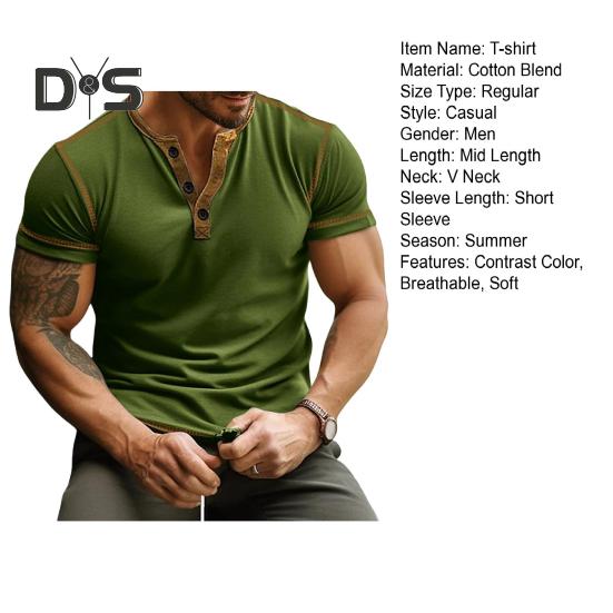Pánské letní tričko Barevně ladící Slim Fit Knoflíček Výstřih do V Elastické Měkké Prodyšné Ležérní svetr Krátké rukávy Střední délka Denní Top