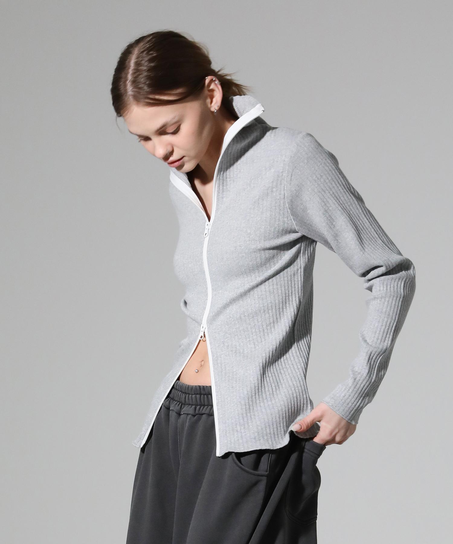 Limnic High-Neck Two-Way Zip-Up Ribbed Knit Top [Gray] Gray/M