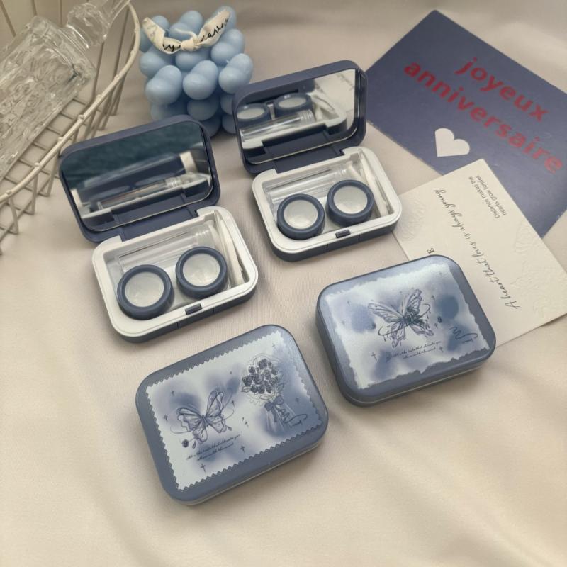 Portable Vintage Blue Butterfly Contact Lens Storage Case With Mirror Contact Lens Container Box For Travel Outdoor Gift