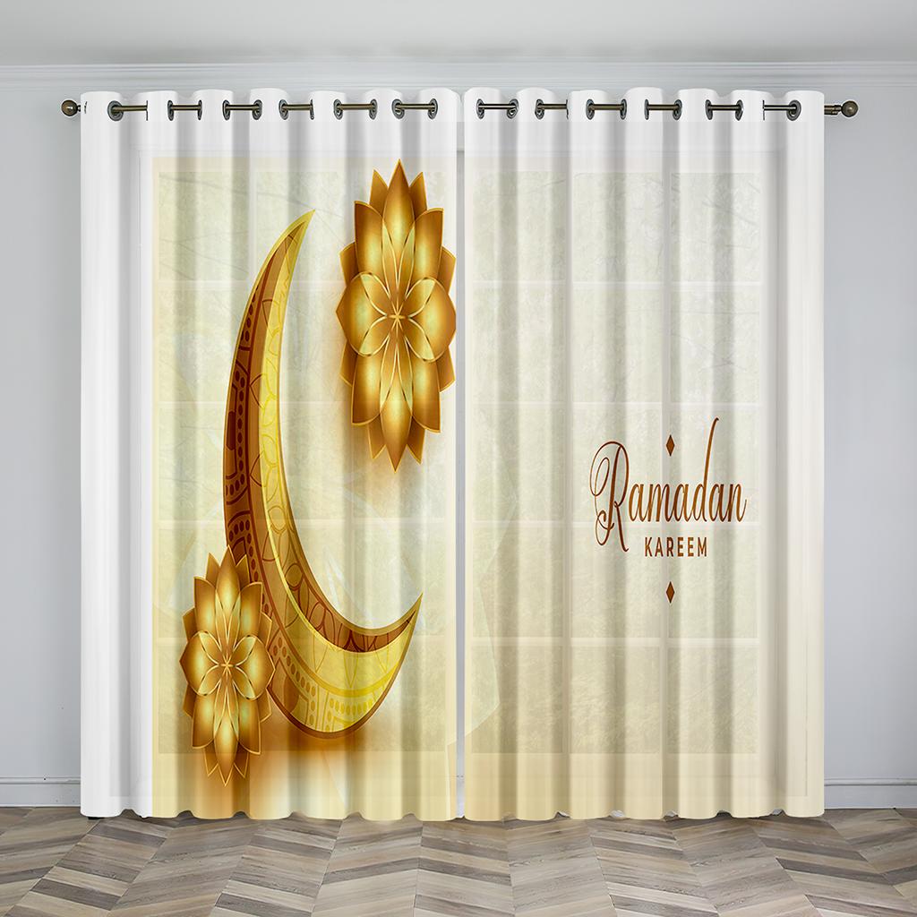 Eid Mubarak Ramadan  Lslamic Muslim Supplies Kareem 2 Pieces Shading Darkening Window Curtain for Living Room Bedroom Decor