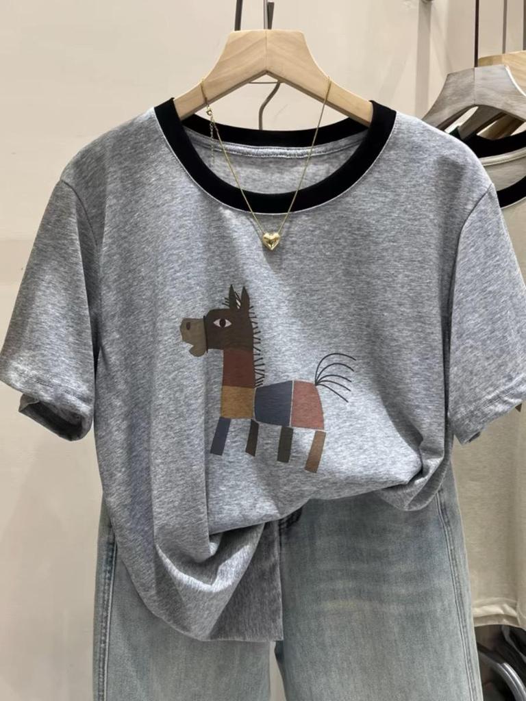 Colorful Horse Print Plus Size Summer Casual Loose Women's Cotton T-shirt
