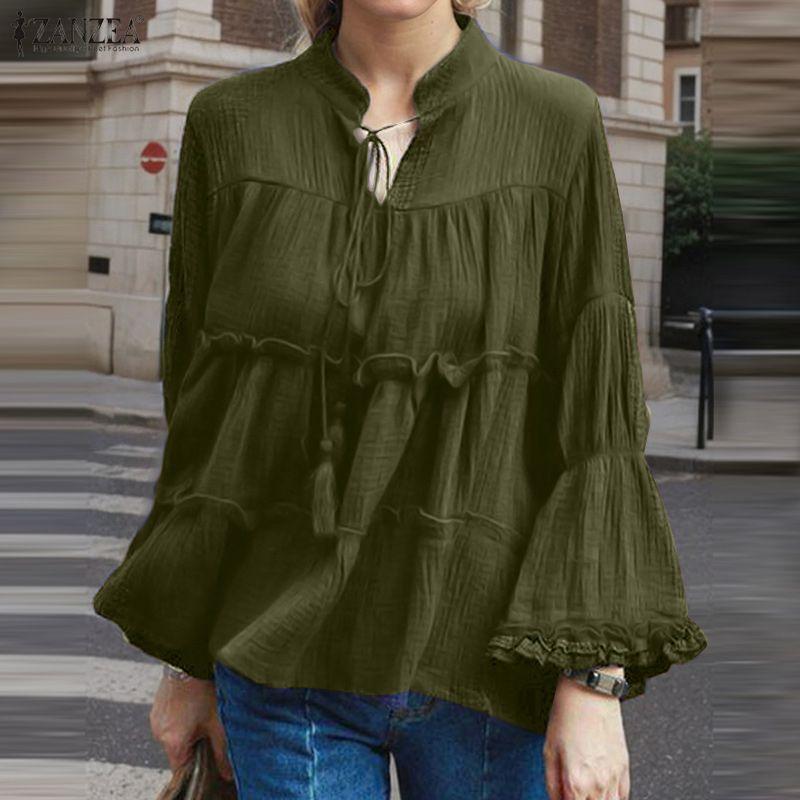 ZANZEA Women Casual Stand Collar Bell Sleeve Loose Blouse