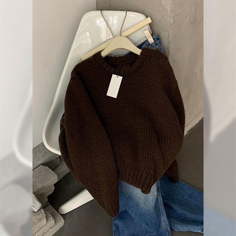 

Classy European Goods Retro Dark Brown Long Sleeves Soft Glutinous Raccoon Velvet Knitting Sweater Female Autumn and Winter Loose Pullover Top Brown S(Recommend (40.00 kg-47.50 kg)