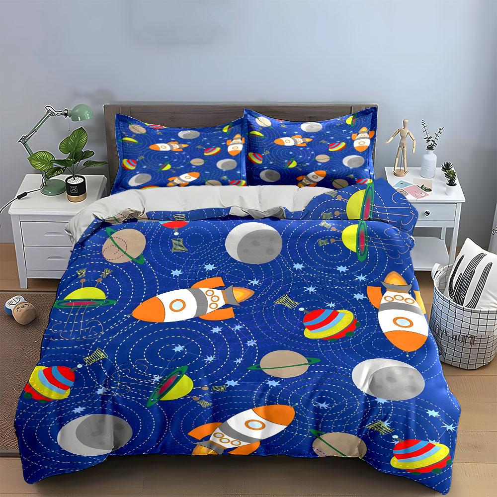 Space Rocket and Planet Pattern Bedding Duvet Cover Set (1*Duvet Cover 2*Pillowcases, Without Duvet Insert)