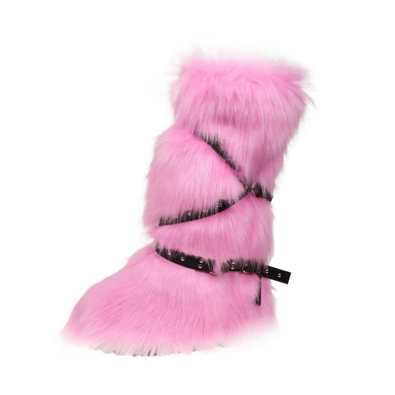 Y2K Spice Girls Sexy Tall Snow Boots New Cross Belt Buckle Fur Fluffy Boots