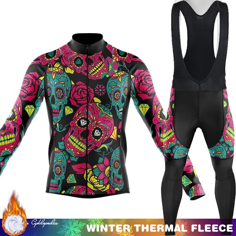 Men's Cycling Pants Fleece Jersey Skull Sets Long Sleeve Thermal Shirt Mens Clothes Clothing Winter Man Outfit Suit Termal Retro