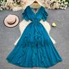 French temperament lace-up V-neck short-sleeved dress for women's summer elastic waist and thin big pendulum ruffle edge long skirt