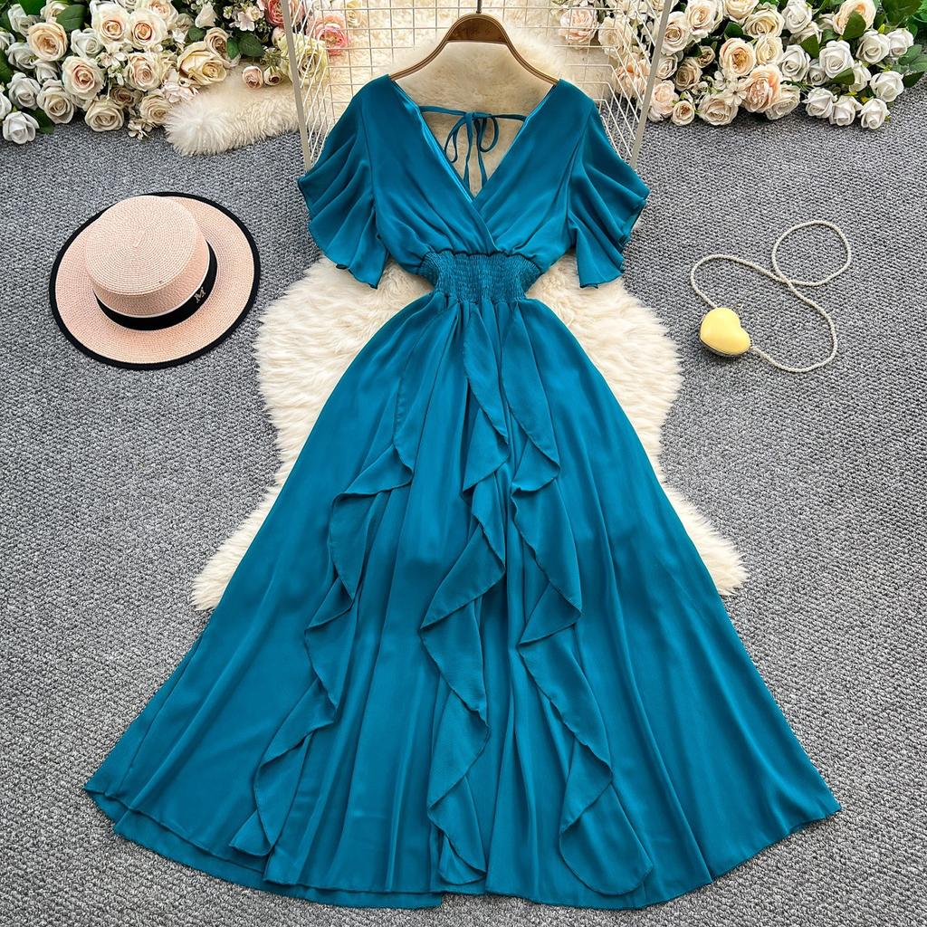 French temperament lace-up V-neck short-sleeved dress for women's summer elastic waist and thin big pendulum ruffle edge long skirt