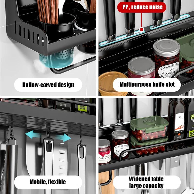 Kitchen Storage Shelf Wall-mounted Spice Rack Aluminum Punch-free Spoon Knife Storage Shelves Multifunction Kitchen Organizer