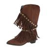Studded Tassel Mid-Thigh Boots Autumn New Pointed Toe Suede Sleeve Soft Sole Non-Slip Wear-Resistant Block Heel Shoes
