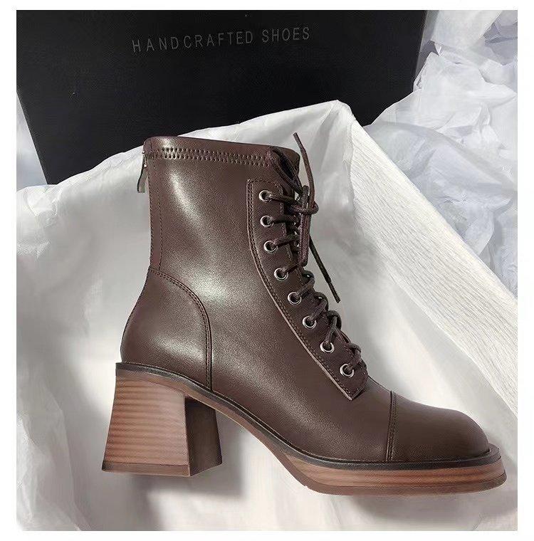 

Internet celebrity autumn Martin boots women s 2024 new British style fashion single leather boots casual lace-up thin medium boots 34 коричневий