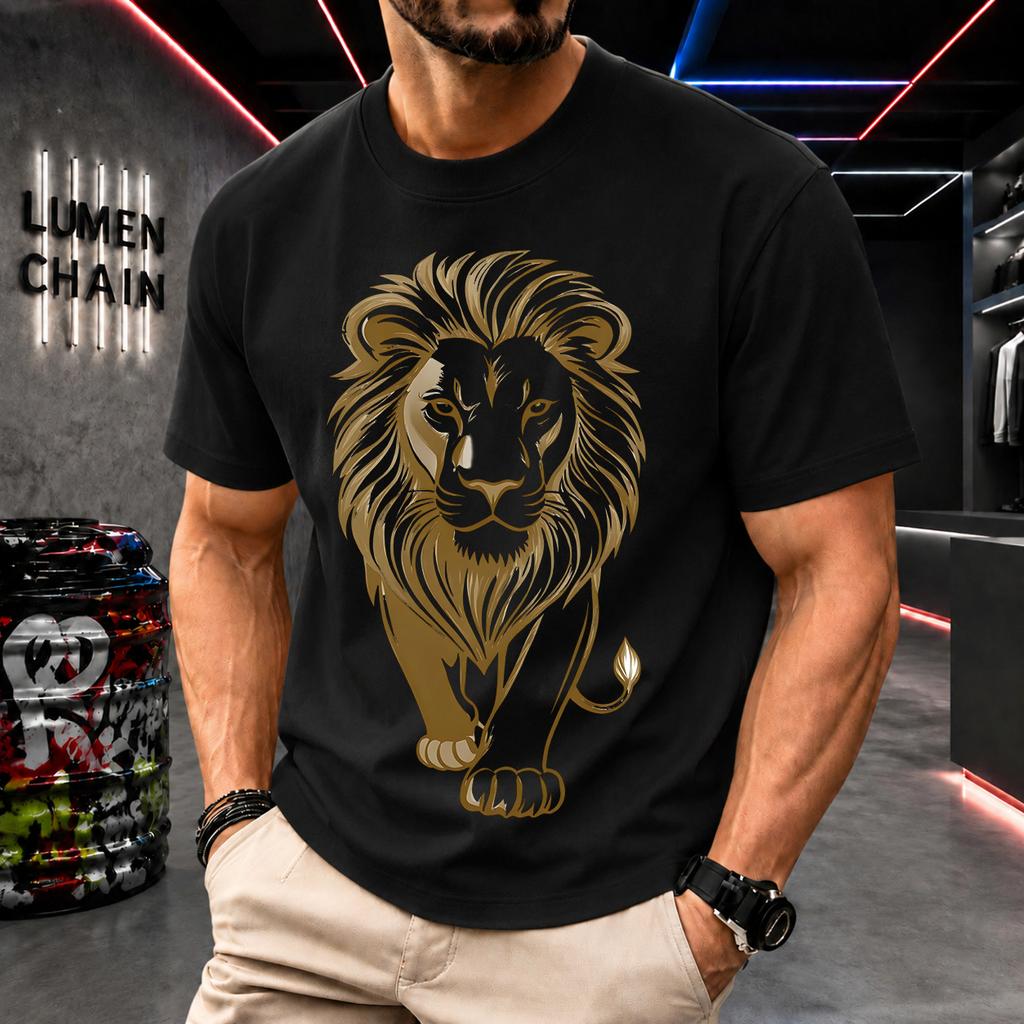 2026 New Pure Cotton Tshirt With Golden Majestic Lion Print Light Luxury Casual Trendy Wear
