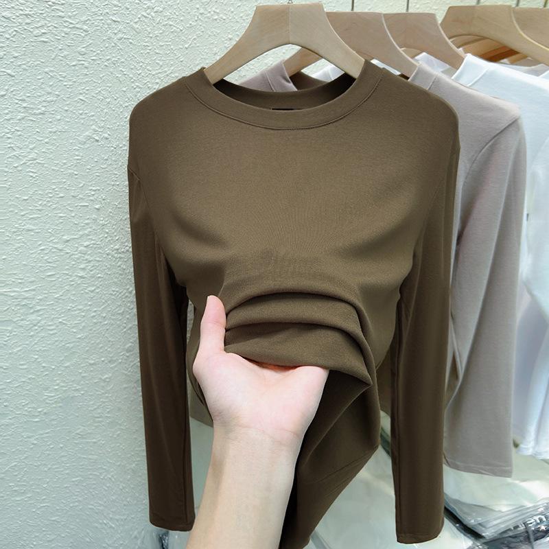 2025 Women's Stretch Cotton Long Sleeve T-shirt, Solid Color, Round Neck, Korean Style Top