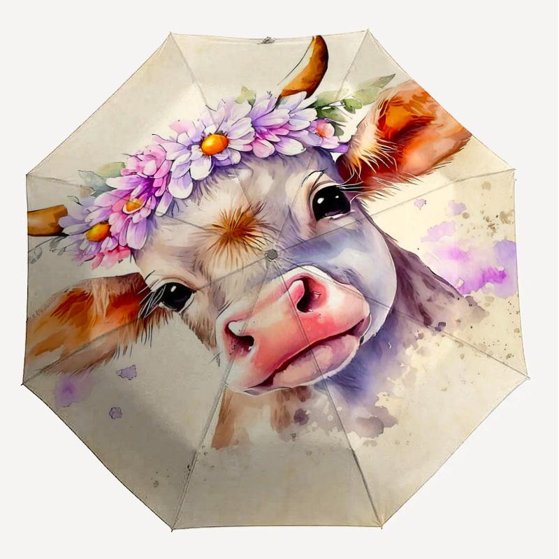 1pc cow, floral Automatic Open/Close Umbrella Compact Folding Umbrella with 8-Rib Shaft for Women/Men, Elegant Birthday1324S