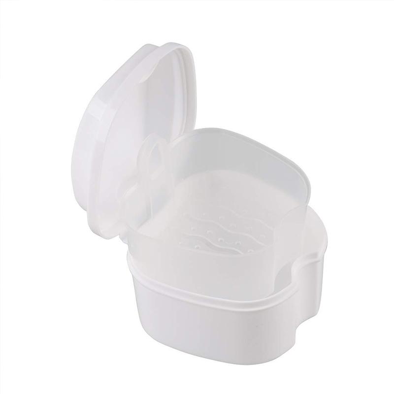 Denture Case, Denture Bath Box False Teeth Storage Box with Basket Net Container