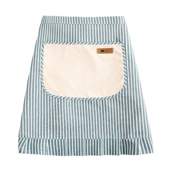 Half Apron with Ruffle Hem Adjustable Bib Apron Large Pocket Breathable Striped Design Cotton-Linen Kitchen Waist Apron for Cooking Baking Gardening