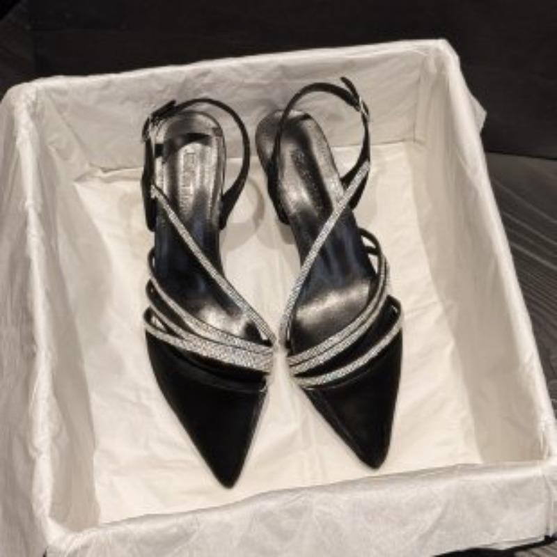 Fashion French Baotou Sandals Temperament 2025 Pointed Toe Summer Fashion New High Heels Rhinestone Women's Single Shoes