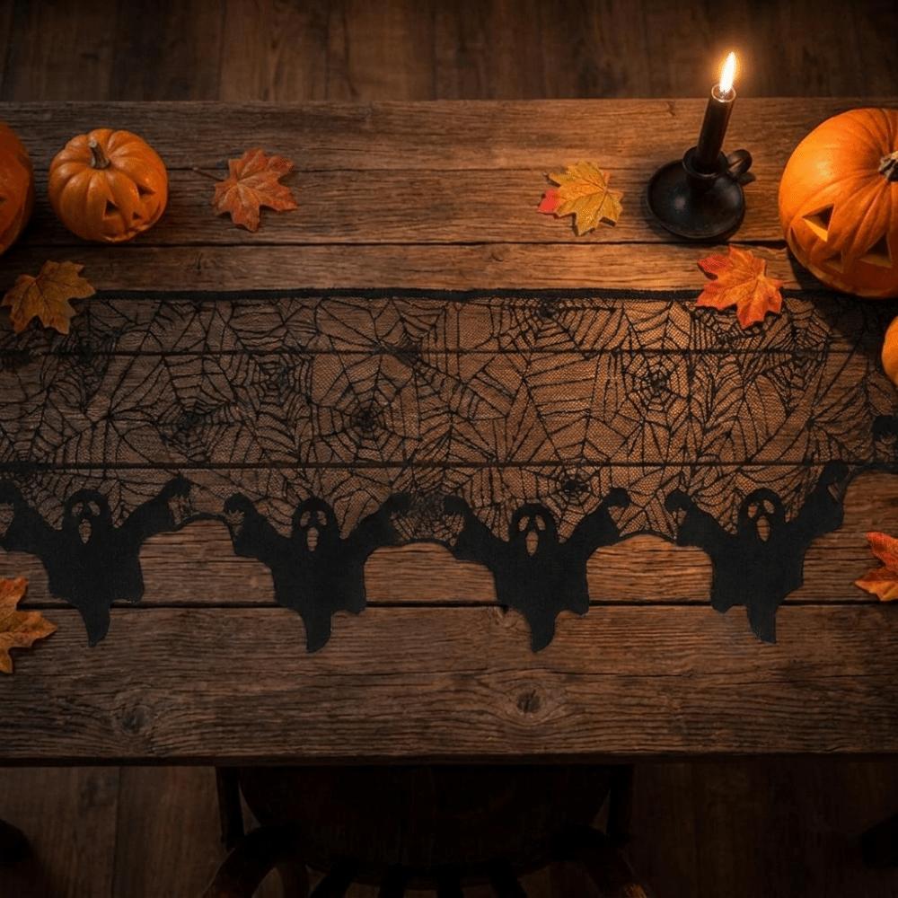 Sheer Fabric Spider Web Ghost Edge Tablecloth Gothic Style Black Lace Table Runner  Dining Table