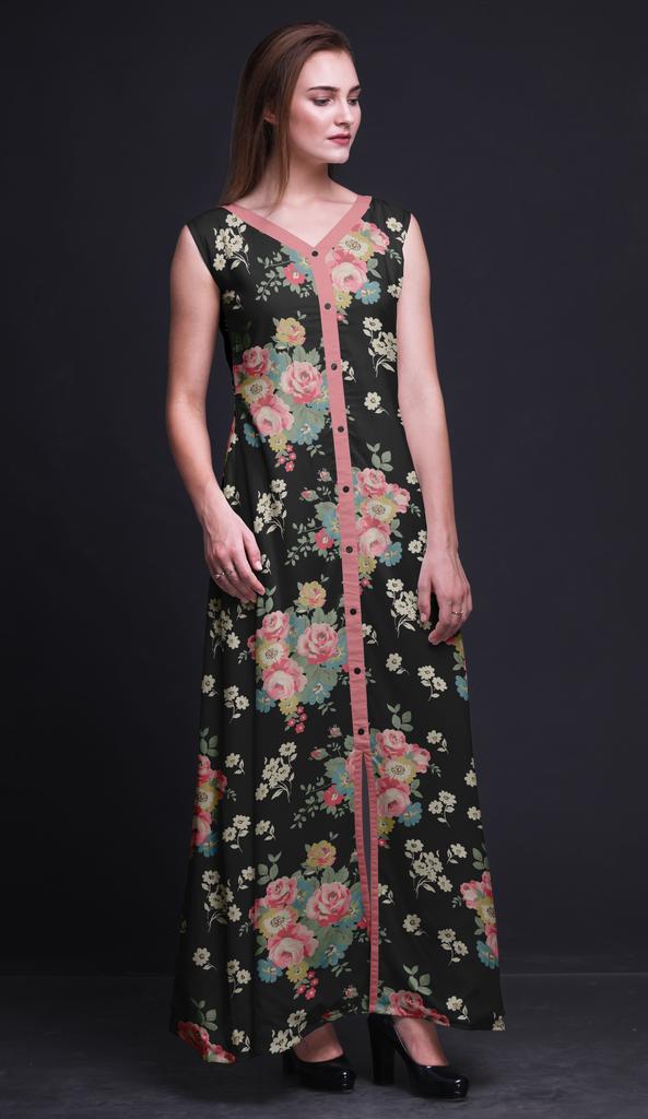 Bimba Black Floral Printed Women Designer Mandarin Collar Anarkali Dress Indian Ethnic Kurta