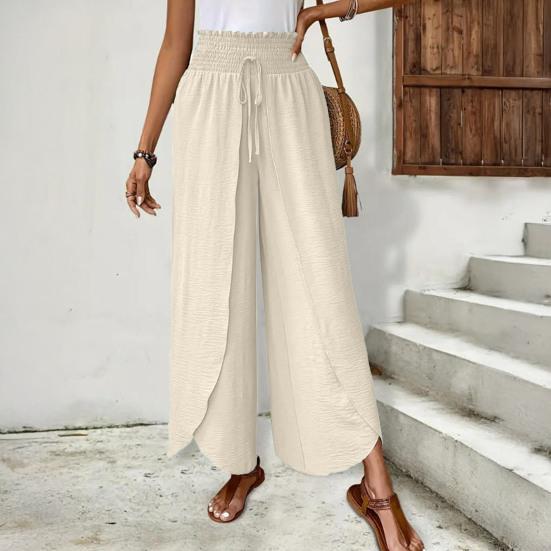 Women Pants Elastic Waist High Side Split Casual Pants Spring Summer Autumn Breathable Solid Color Loose Fit Wide Legs Trousers