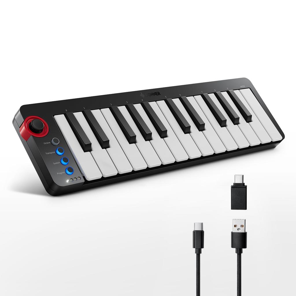 Donner MIDI Keyboard, 25 Keys, USB Controller, Mini Keyboard, Compact, Velocity Sensitive, Music Production, Japanese Instruction Manual, Black N-25