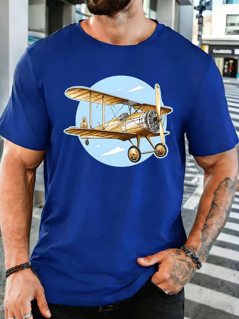 Vintage Biplane Aircraft Circle Sky Unisexs Front Print T Shirt Retro Airplane Graphic Tee Casual Short Sleeve Top Pilot Lover Gift