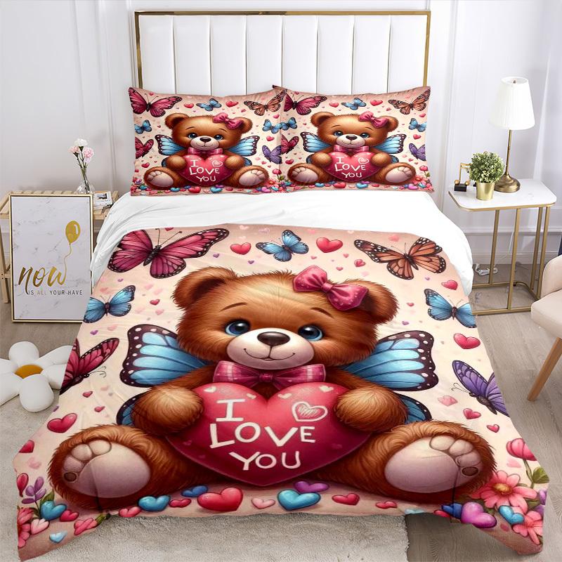 3pcs Anime Teddy Bear 'I Love You' Bedding Set - Includes One Quilt Cover and Two Pillowcases (No Filling) - Polyester Fabric, Perfect for B