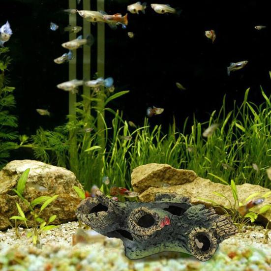 Decaying Trunk Aquarium Hide Decorative Betta Fish Hideout with Multiple Holes