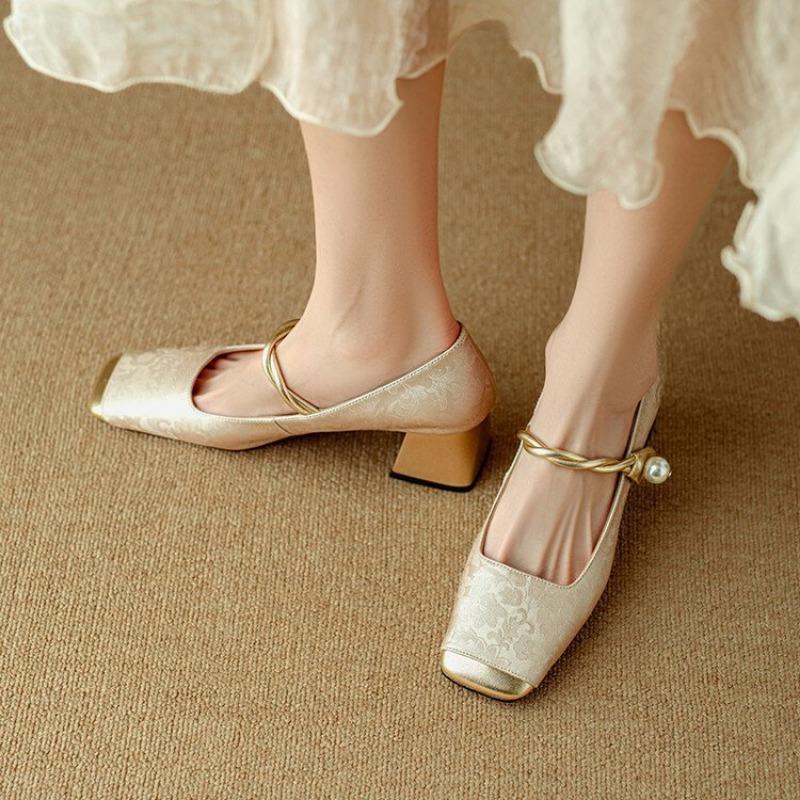 Fashion Summer Square Toe Ballet Shoes Fashion Low Heel Mary Jane Shoes Casaul Silver Shallow Buckle Soft Sole Shoes Zapatos De Mujer
