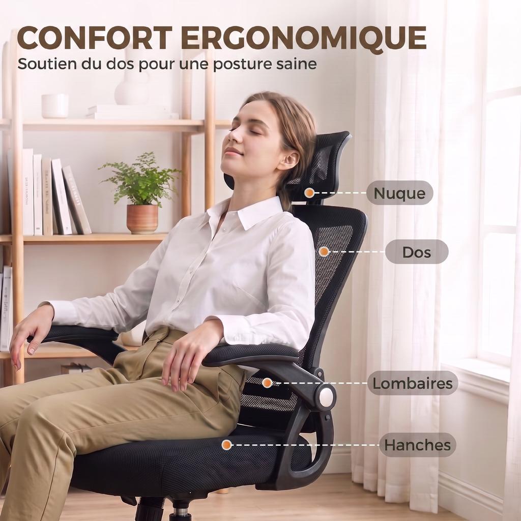 Ergonomic Office Chair, Flip-Up Armrests, Headrest, Tilt, Adjustable Height, 59 X 62 X 125 Cm, Black