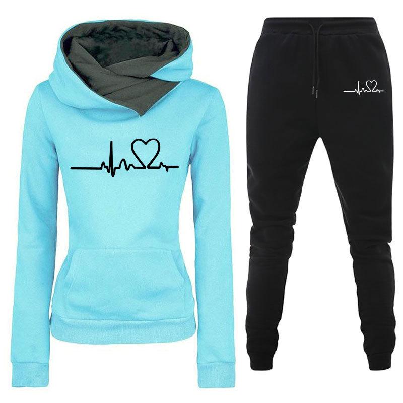 Women's Heartbeat Print Hoodie & Sweatshirt Sportswear Set - Spring/Autumn Casual Style