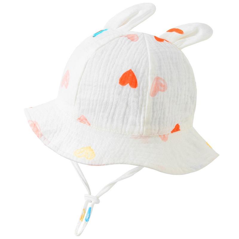 New Baby Gauze Basin Hat Baby Pleated Printed Bucket Hat Rabbit Ear Sun Hat 3-12M