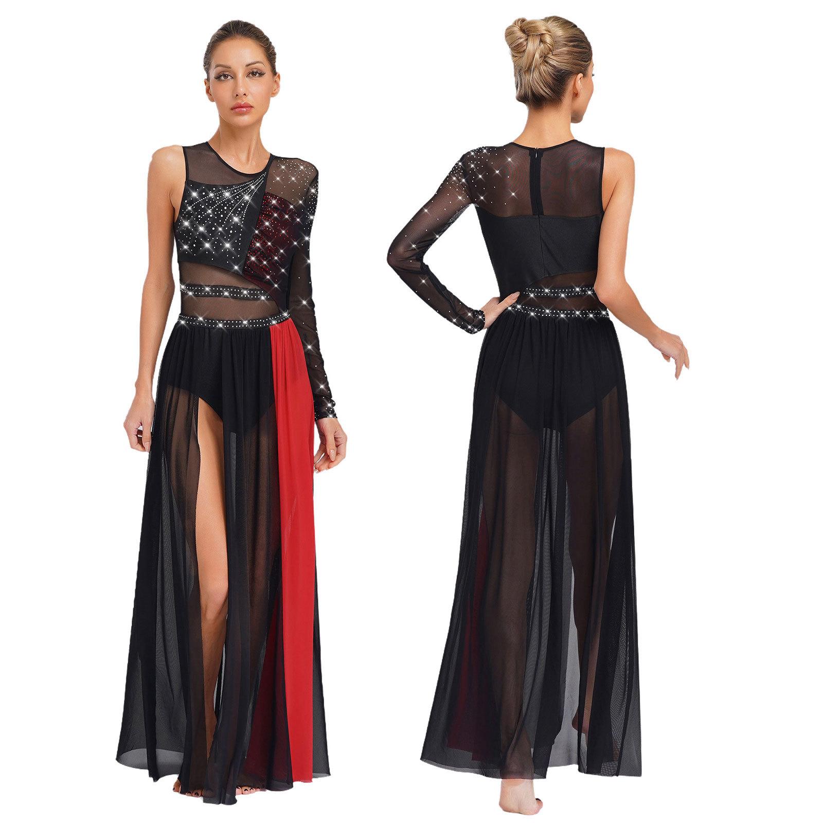 

Shiny Rhinestones Dance Dress Women Lyrical Color Block Patchwork Sheer Mesh Side Split Performance Costume S червоний/чорний