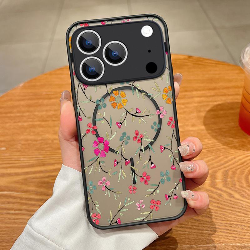 Translucent Matte Magnetic Case For iPhone 17 16 15 Pro 14 13 Pro Max 16e 17e For Magsafe Cartoon Flower Hard PC Phone Cover