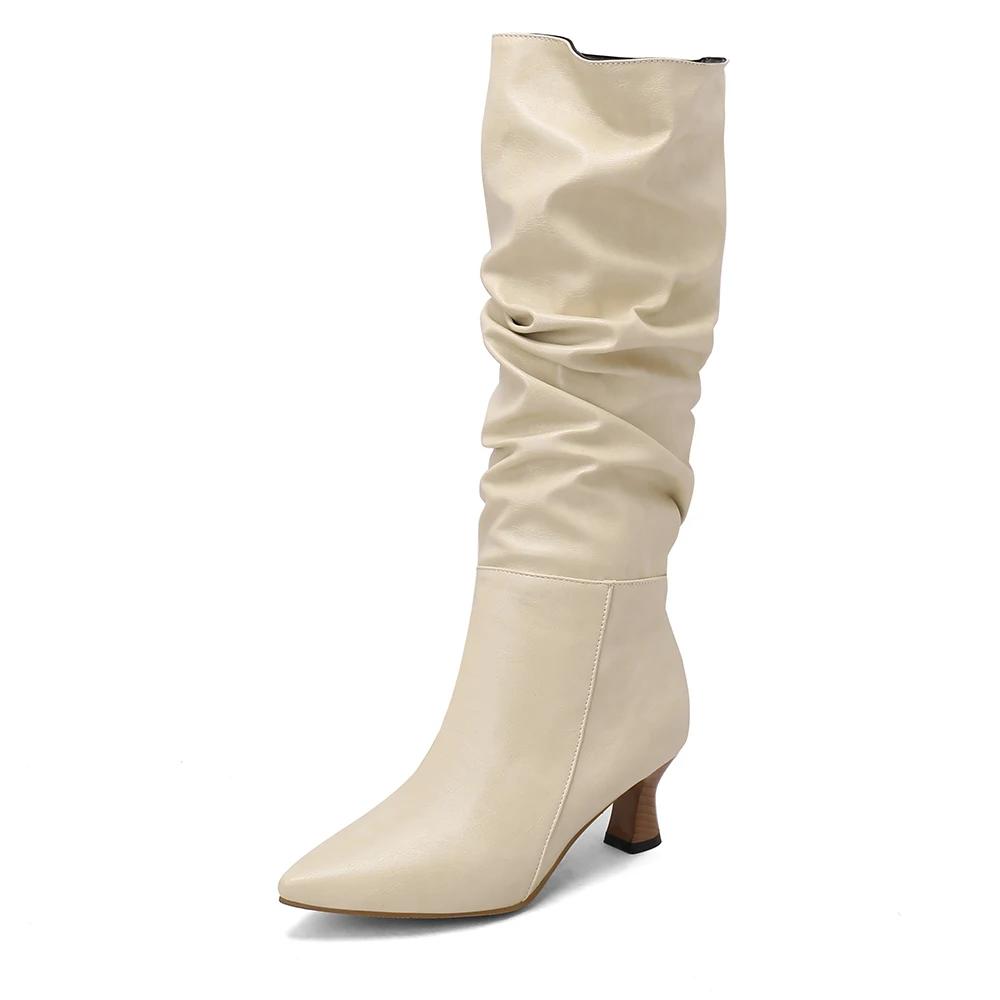 Retro Pleats Thigh High Boots for Women Autumn Thick Heeled Pointed Toe Cowboy Boots Woman Slip On Western Long Botas Mujer