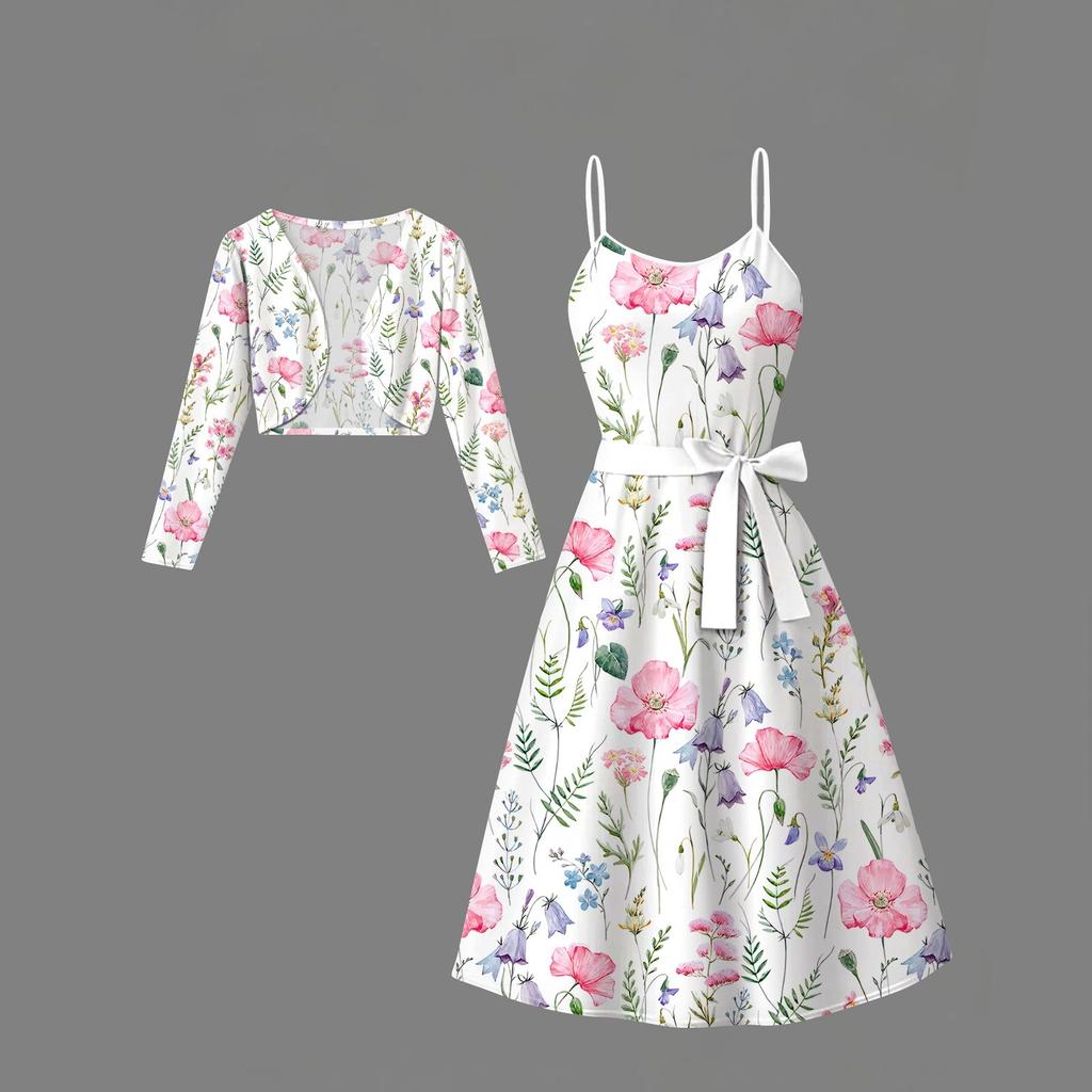 Women's  Fashionable And Casual Long-sleeved Short Cardigan Top + Belt + Strappy Dress Set