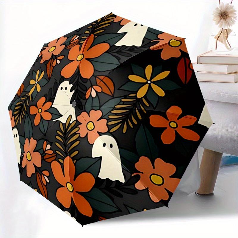 1pc Ghost Floral Automatic Open/close Folding Compact Umbrella, 8-Rib Sturdy Canopy, Lightweight Portable, Everyday Use, Gift, Outdoor Umbrella, Trave