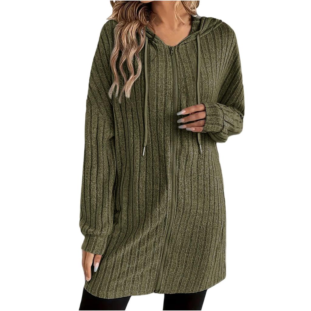 Women’s Casual Long Sleeve Ribbed Knit Zip Up Hooded Cardigan Jacket Lightweight Open Front Outerwear Sweater Coat