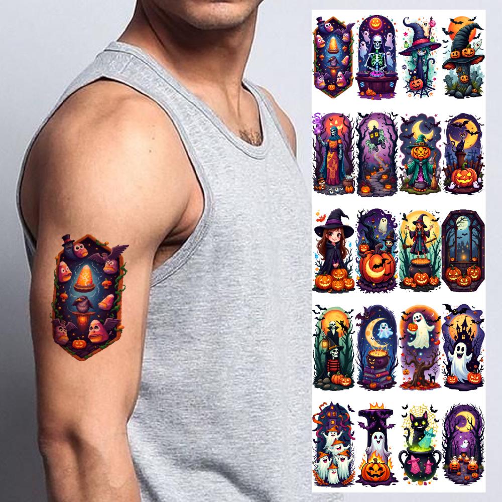 9pcs Temporary Tattoo Skeleton Halloween Bat Ghost Waterproof Long-lasting Body Stickers Tree For Children Girls Women