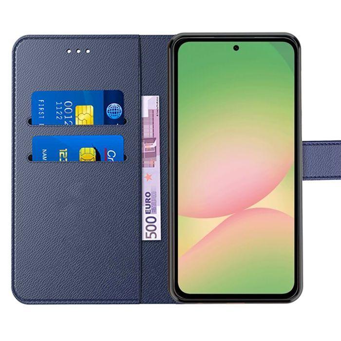 Protective Case - BOOLING - Samsung Galaxy A56 5G - Navy Blue Leather Effect - 2 Tempered Glasses - Shockproof