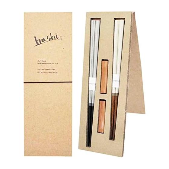 Ishida Couple Chopsticks with Chopstick Rest, Corte Ethical Box, Made in Japan (23cm/21cm, Natural Wood/Polyester Coating)
