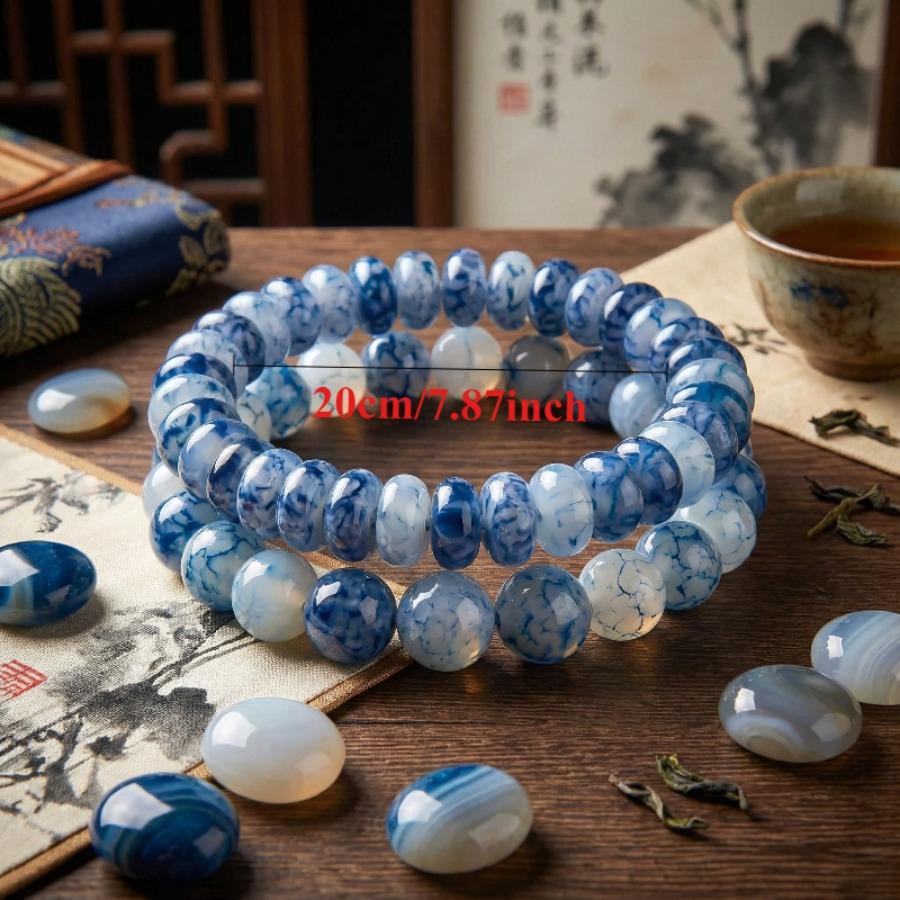 2 шт. Нового Білого Агату з Синіми Крапками, Овальні Намистини для Рахунків + Синій Агат з Крапками, Кругла Намистина, Еластичний Ручний Браслет, Ідеально для Будь-Якої Нагоди