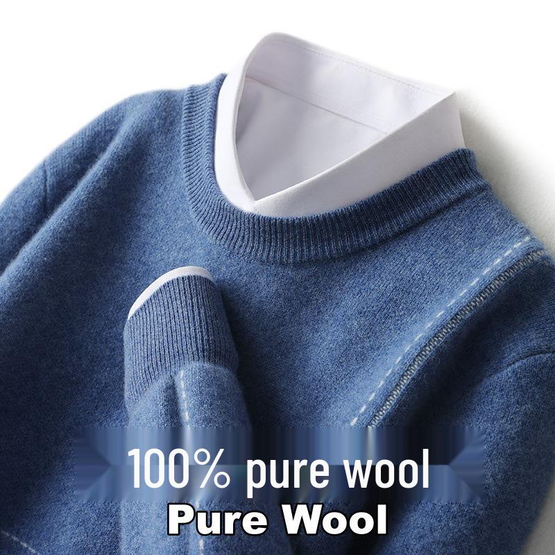Men's Loose Round Neck 100% Wool Autumn & Winter Thick Knit Pullover Sweater