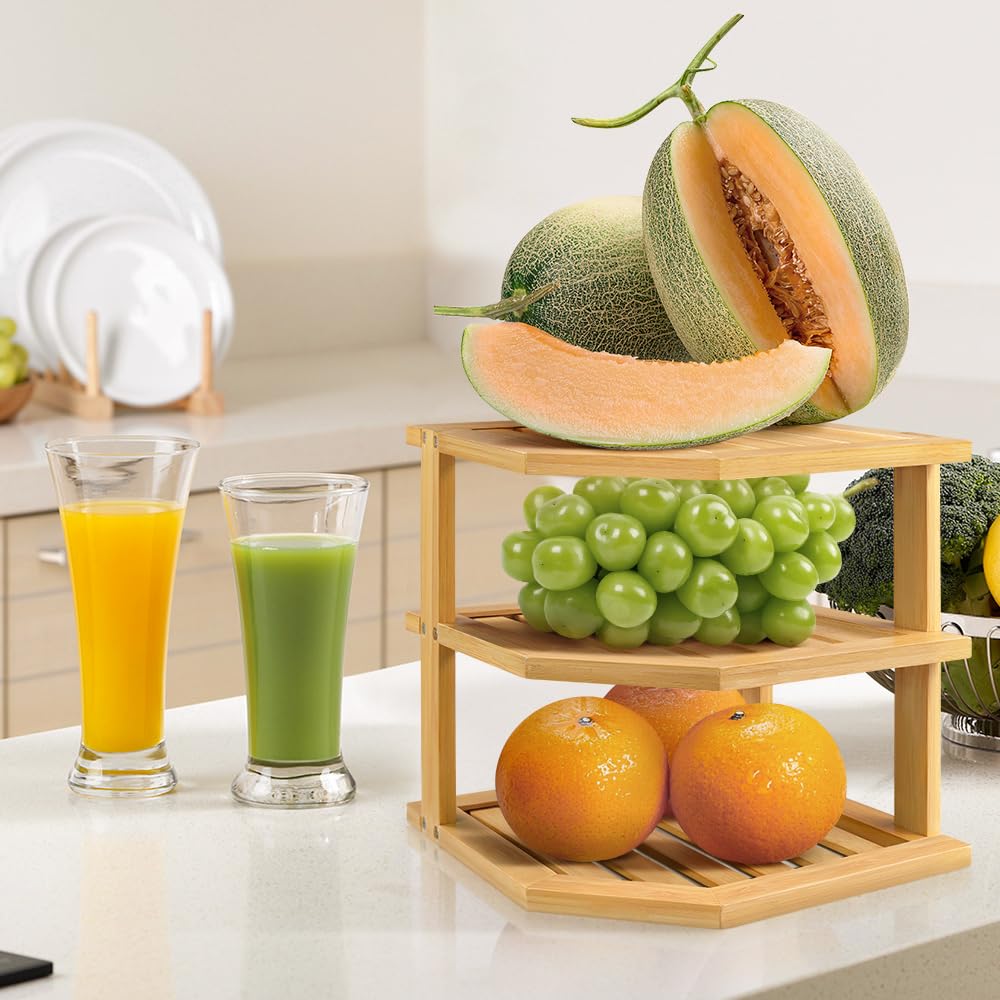 BFTOU Bambus-Tellerorganizer, Küchenschrank-Organizer, 3-stufiges Eck-Arbeitsplattenregal für Teller, Geschirr und Badezimmer-Arbeitsplatten, Natur