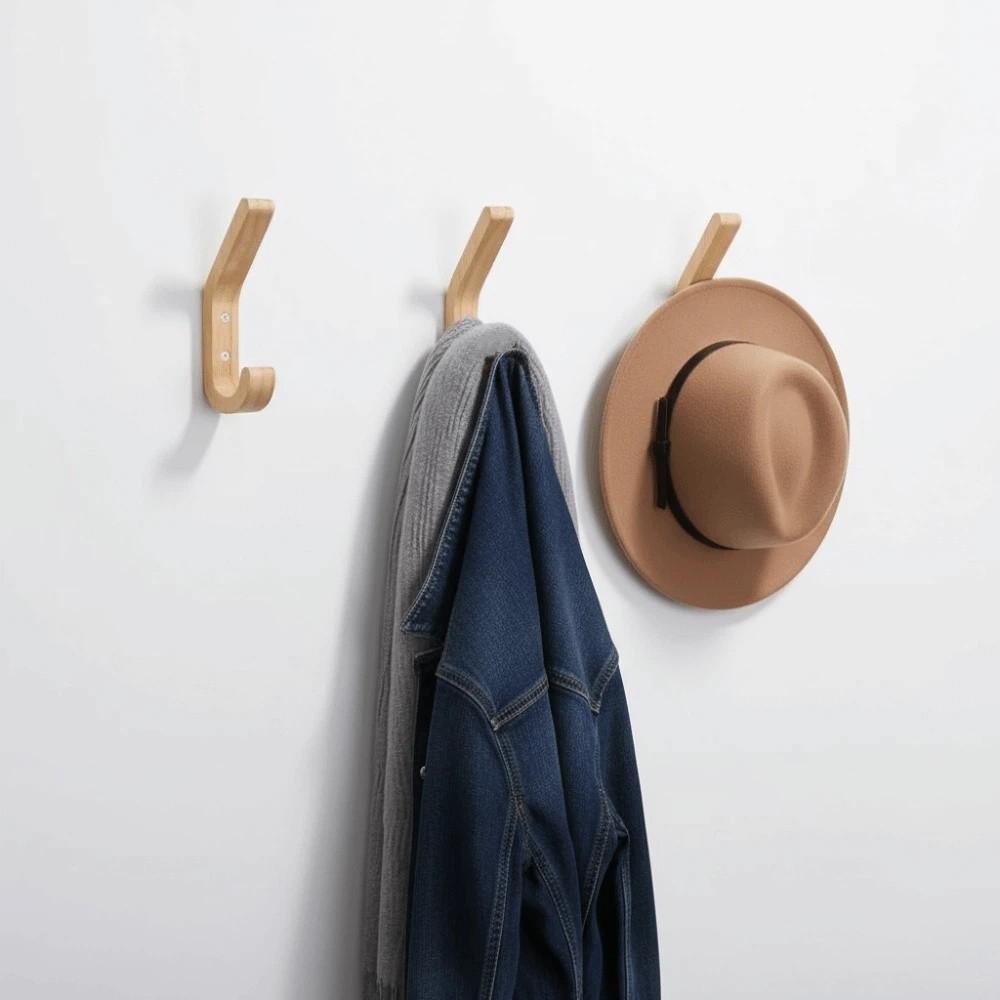 1Pcs Vintage Wall Mounted Wooden Coat Hooks Double Hook With Screws Oak Hooks Heavy Duty Wood Wall Hooks Bedroom